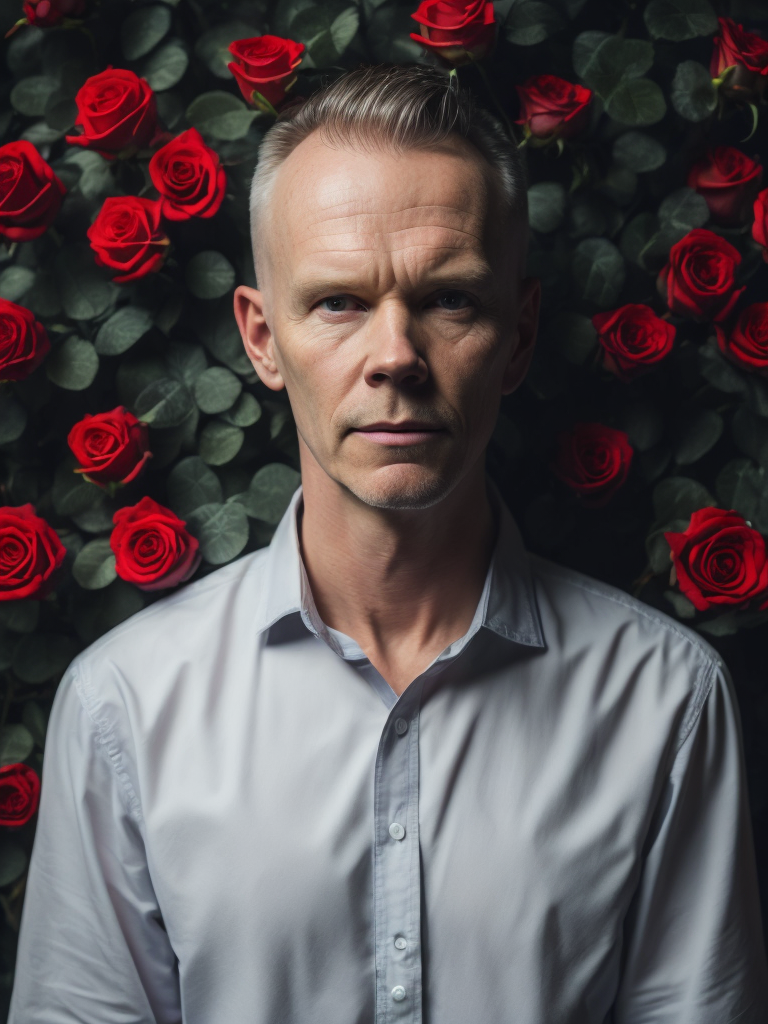 vince clarke con rosas rojas y botones de sintetizadores