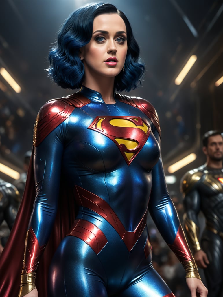 Katy Perry wearing a tight and shiny metallic Superman bodysuit