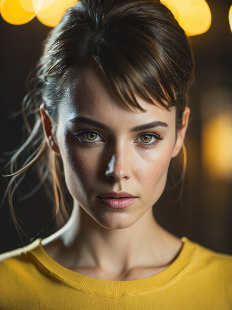 a women looks on the camera, yellow side lighting, focused gaze, canon 50 lens, focus on the face everything else is in blur, the blade runner scene.