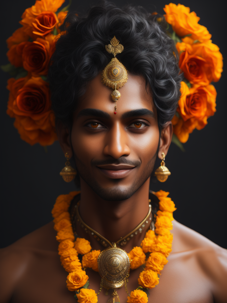 erstelle mir ein bild von gott, dem höchsten herrn, in der form von krishna. mit rosen und tagetesblumen als girlande, einem süßen lächeln und wunderbar liebenden augen