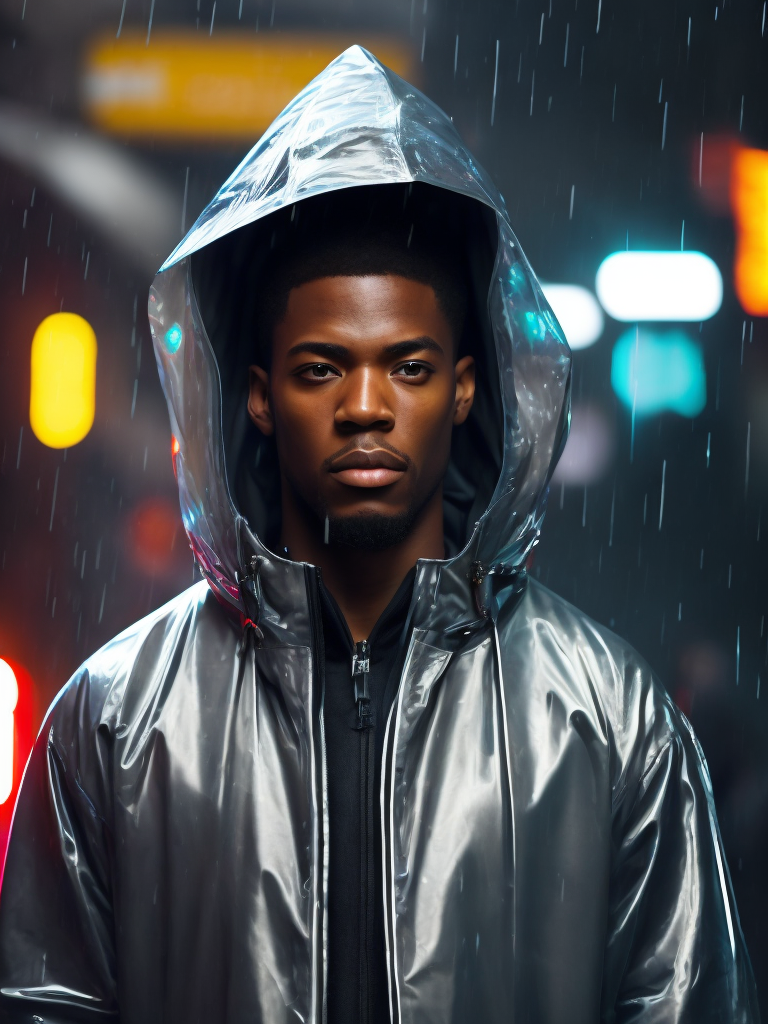 a black man wearing ((transparent raincoat)), under the rain, ultra realistic, neon lights