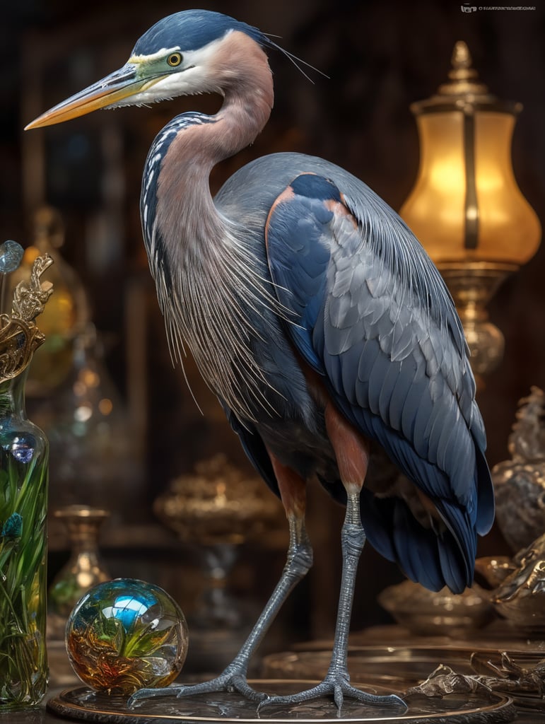 A blue heron as a blown-glass figure , life sized , ultra intricate and insanely detailed , 500 mp uhd , no blur , sharp focus --q 5