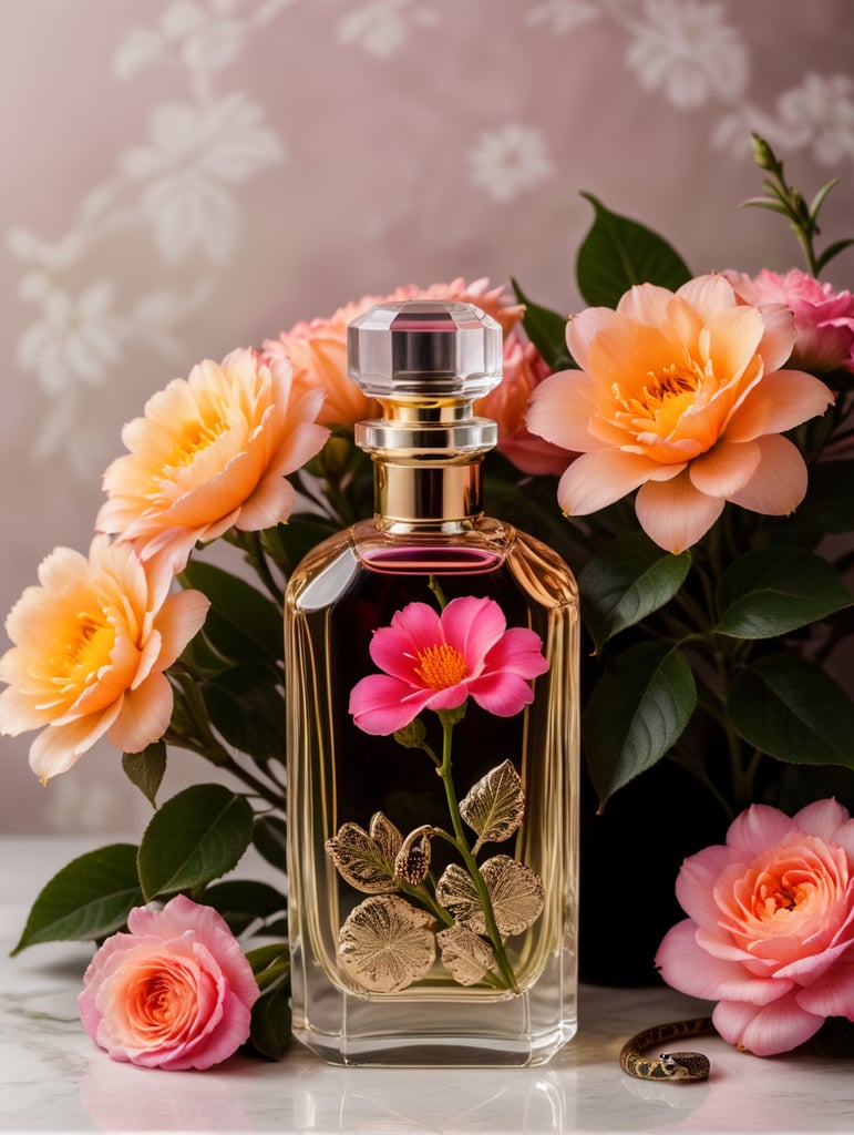 Floral background with neon colored flowers, minimalistic perfume bottle and snake next to the bottle