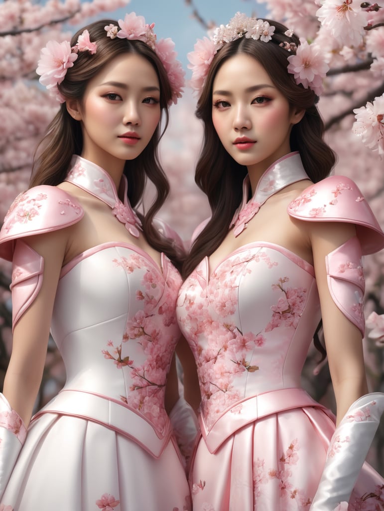 foto setengah badan dua perempuan dengan pakaian seperti ratu bunga sakura, epic details, realistic, raytracing, photorealistic, realistic human photo, ultra realistic, masterpiece