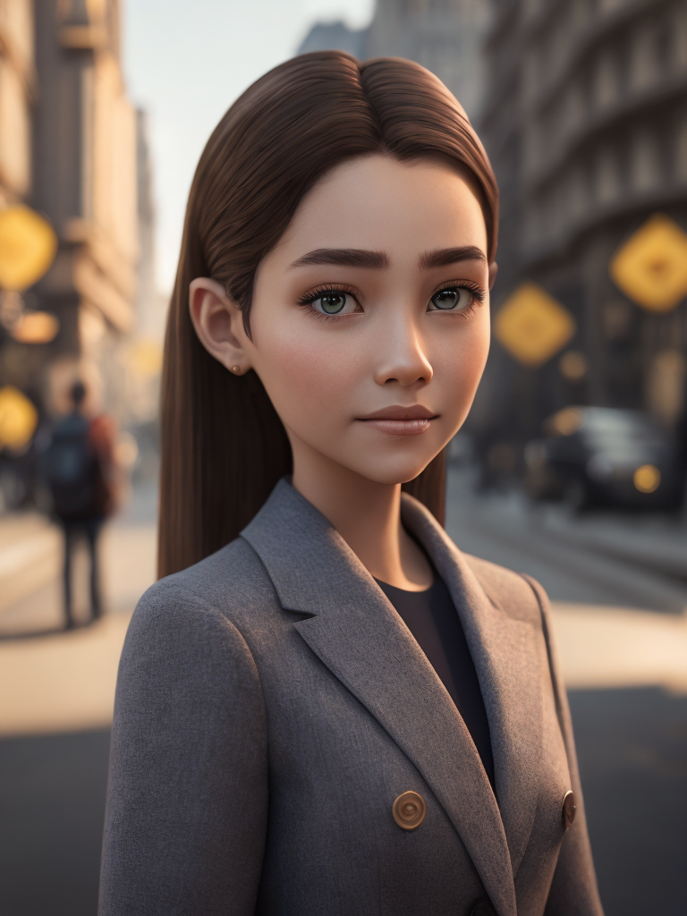 girl, 3d character, cartoon, disney, pixar, render, neutral detailed background of city