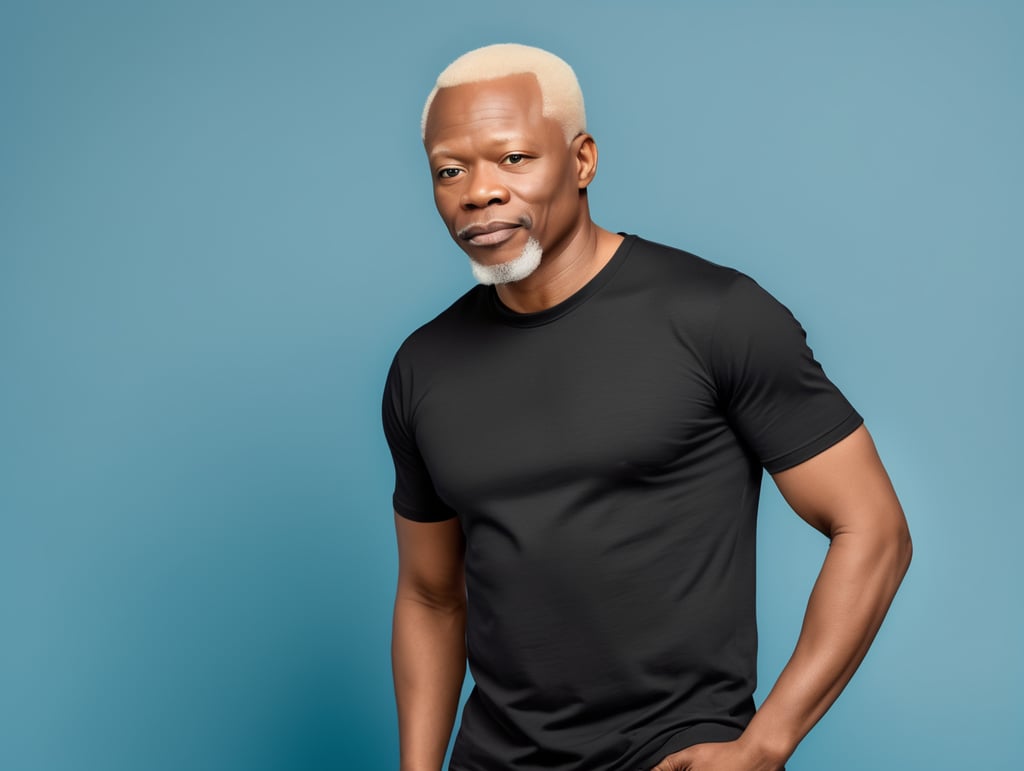 A middle-aged African albino man wearing a black T-shirt, isolated, blue background, mockup, mock up