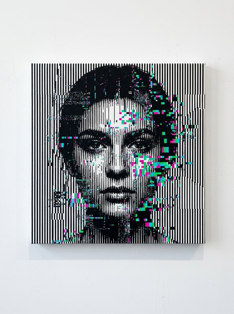 A shadowy human face emerges from a dense optical illusion of vertical black and white lines. The stark stripes are heavily fractured by digital noise and scattered rectangular RGB pixel glitches in cyan, magenta, and green. The varying density and fragmentation of the patterned lines form the contours of a person with dark hair and a neutral forward gaze. The artwork is presented as a flat canvas mounted on a stark white wall with a subtle drop shadow along its bottom edge.