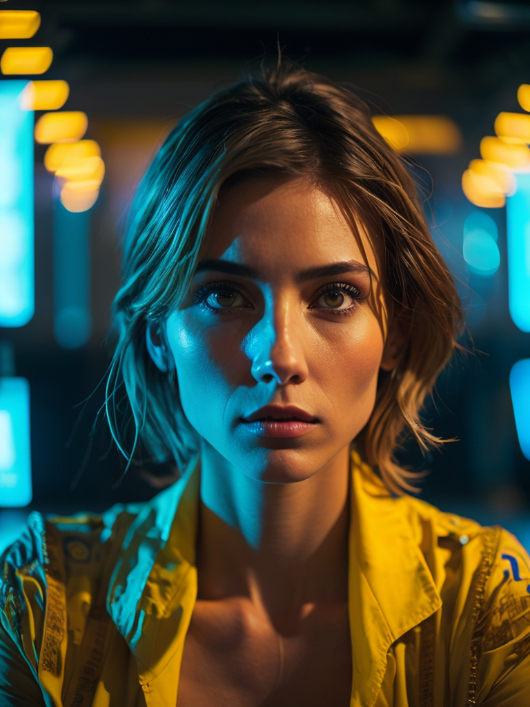 a women looks on the camera, yellow side lighting, focused gaze, canon 50 lens, focus on the face everything else is in blur, the blade runner scene.