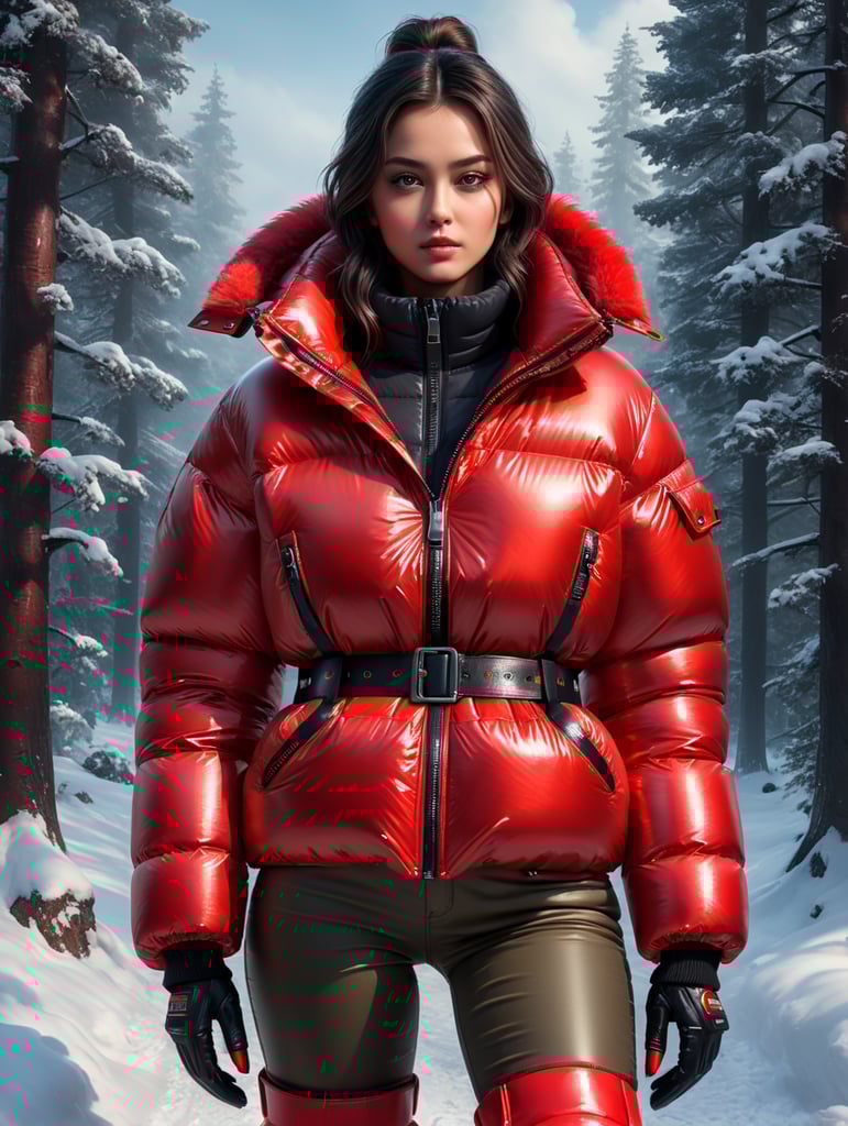full body girl in a red glossy puffer jacket with bulky belt and massive zipper tab around waist and red glossy down puffer boots