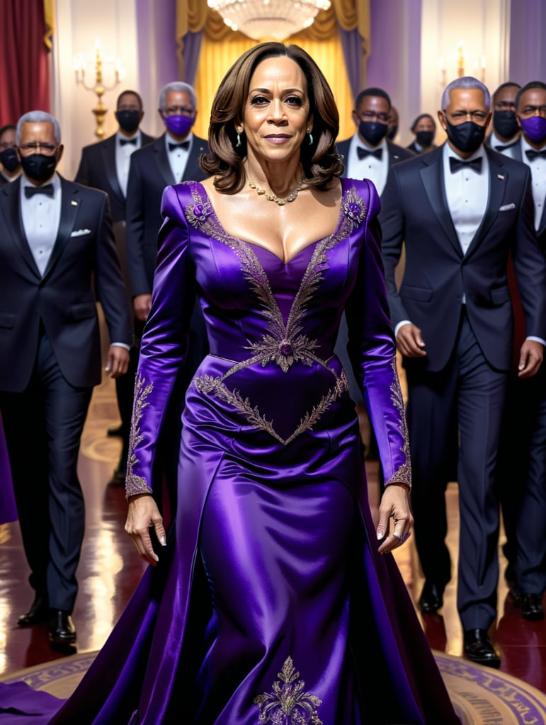 President Kamala Harris attending her Presidential Inaugural ball wearing a regal royal purple gown