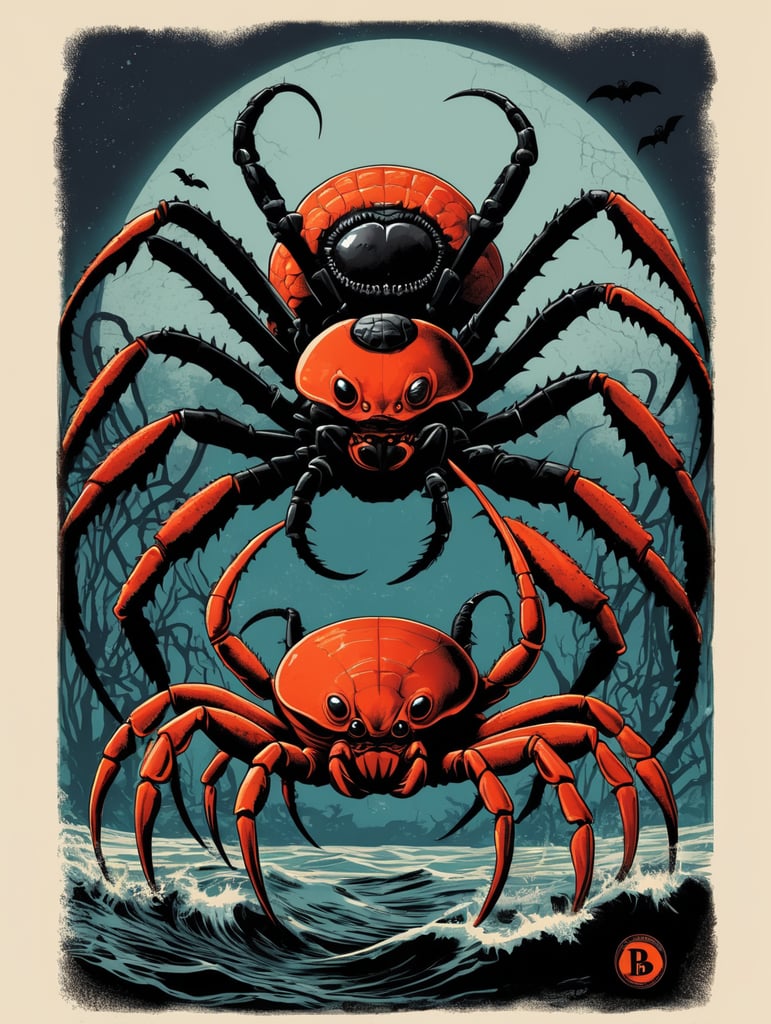 1950's b-movie horror halloween t-shirt print design featuring a giant crab and black widow spider