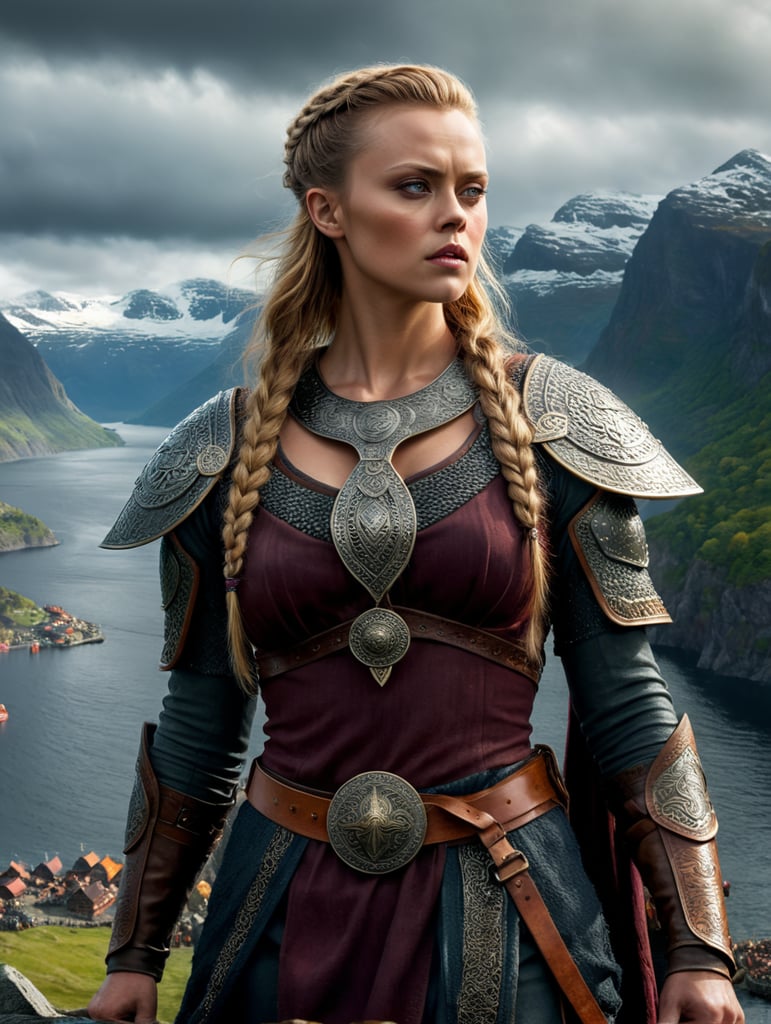 A viking woman like Frida Gustavsson in the tv show "vikings Valhalla", background the fjords