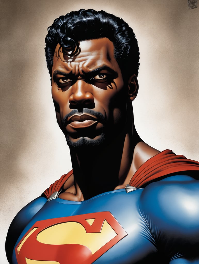 Black Superman, Hero Portrait, Comics, Marvel, Horror, USA, style of Richard Corben