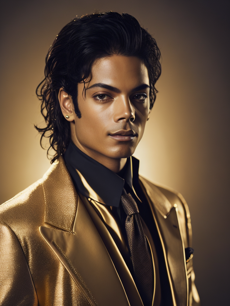 Portrait of Michael Jackson dressed in golden chrome suit, dark gradient background, Vivid saturated colors, Contrast light, studio photo, professional photo, Detailed image, detailed face