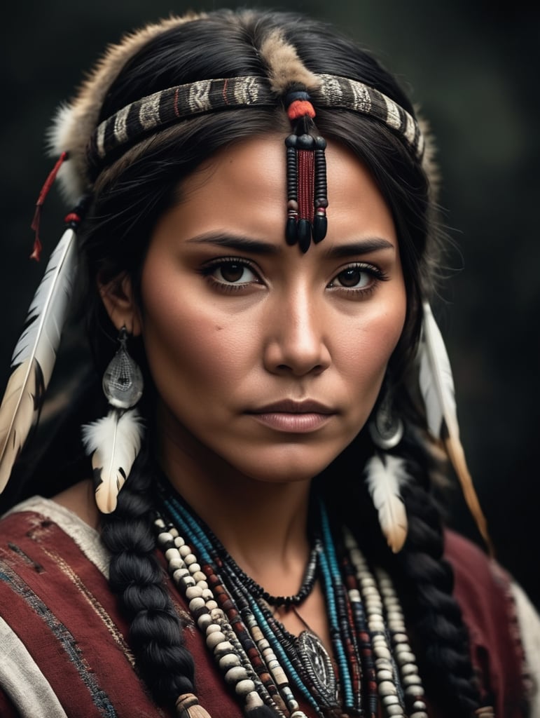 portrait, old western Native American daughter of Shaman, national clothing, dark scene, dark atmosphere, epic shot, sharp on details