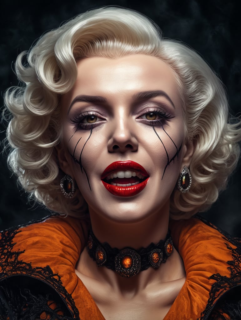 Marilyn Monroe as an evil character wearing creeoy and spooky Halloween costume, Vivid saturated colors, Contrast color