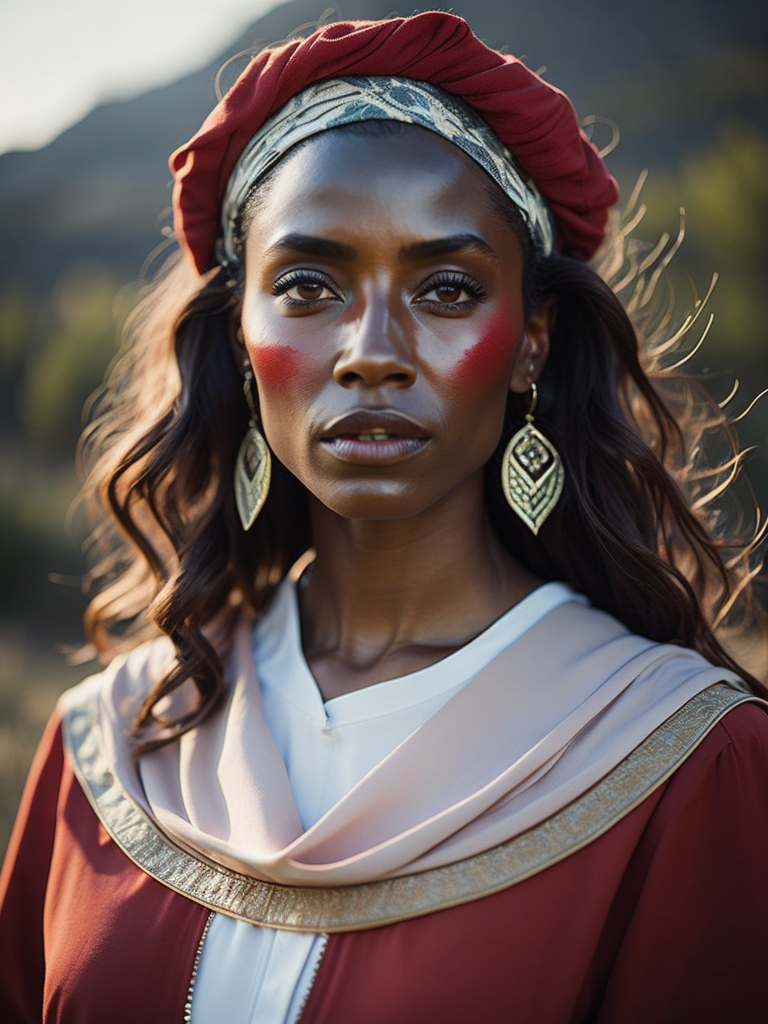 African woman and white tees brown Rembrandt Light. portrait style. Mountains in the background. Red medieval dress from the time of the Eghipt Empire. Perfectly, beautifull. Brown Hair color with white. Happyness. 50mm lens. half body style photography.