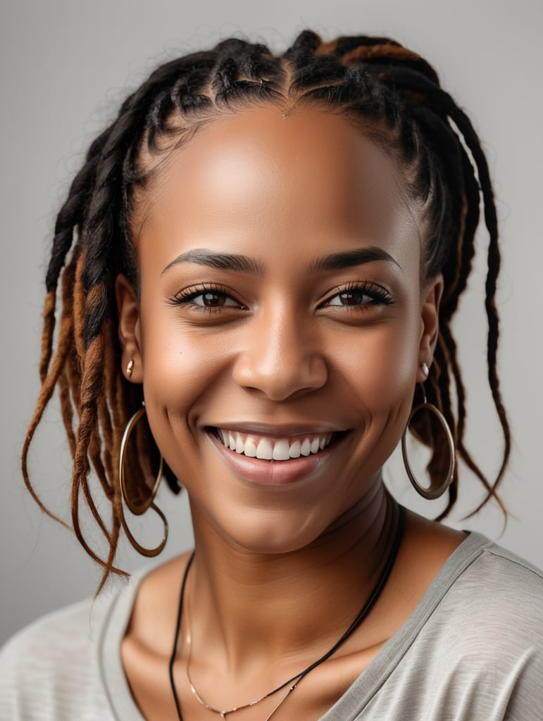 realistic portrait photography of a black woman in grey t shirt and dreads smiling on plain white background