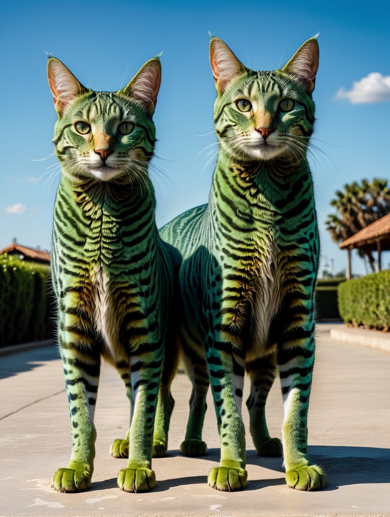 Green cats with very long, thin legs. Painted in the style of Salvador Dali. Blue sky.