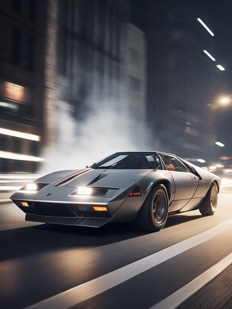 analog gloomy photo of a silver Lancia Stratos Zero car, low view, ground level view, diagnoal view, brushed aluminum, driving on a busy city street at night, dark photo, neon lights, smokey atmosphere