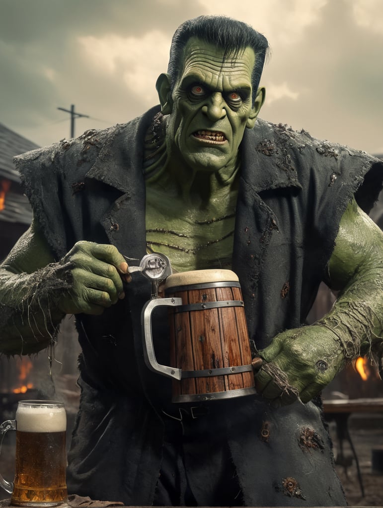 herman munster as Frankenstein's Monster, Green Skin, muted color palette, atmospheric, creepy, intricate detail, reanimated corpse, scar tissue, decomposing, starring eyes, horror, horrific, bolts sticking out of sides of neck, gangrene, veins, mutilated, stitches on forehead, standing next to barbecue grill outdoors holding a beer stein in one hand
