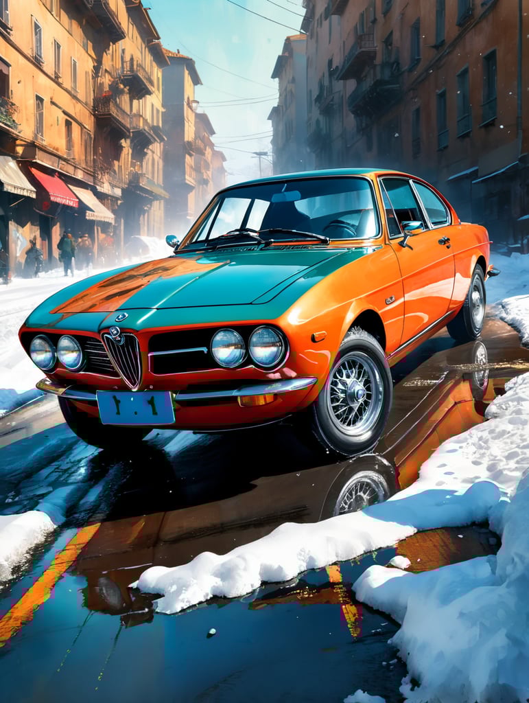 1970 coupe alfa romeo stuck o the snow. front door open. aereal photo. the driver is runing away. oil paint. detailed, sharp focus, highly detailed,