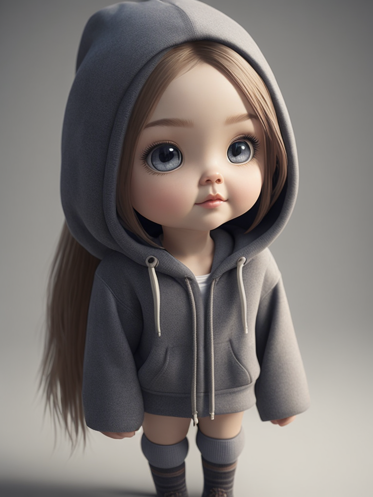 Chibi girl with long hair wearing oversized hoodie and thigh socks 3d render ultra quality hyperrealism
