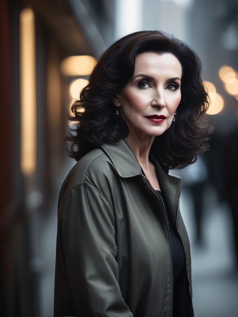 waist-length portrait of Marilyn vos savant, mysterious atmosphere, muted colors, contrasting light, long dark hair, wearing a jacket