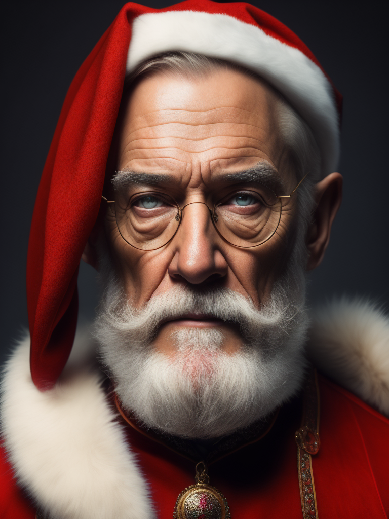 Portrait of Santa Claus, bright and saturated colors, elegant, highly detailed, vogue, fashion magazine, sharp focus, bright expressive makeup, dramatic lighting, depth of field, incredibly high detailed, blurred background
