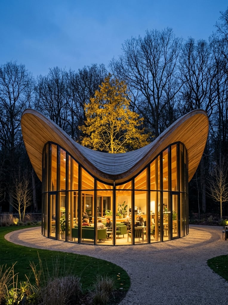 A modern glass pavilion with an undulating, saddle-shaped timber roof glows warmly at twilight against a backdrop of bare trees. The single-story structure features floor-to-ceiling glass walls divided by dark vertical mullions, revealing an illuminated interior with green sofas and a few occupants. The dramatic slatted wood roofline dips sharply in the center, framing a brightly lit yellow tree behind it. The building rests on a circular gravel path bordered by a manicured lawn in the foreground. A dense silhouette of tall trees spans the background beneath a deep blue evening sky. The architectural photography employs a wide-angle perspective, contrasting the warm golden interior light against the cool ambient twilight to emphasize the organic geometry of the design.