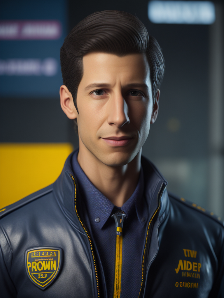 Andy samberg as jake peralta from the tv show brooklyn nine-nine, bobble, head, funko pop art, hyper detailed, professional lighting, film lighting, 35mm, 50mm, ray tracing, unreal engine 5, zbrush