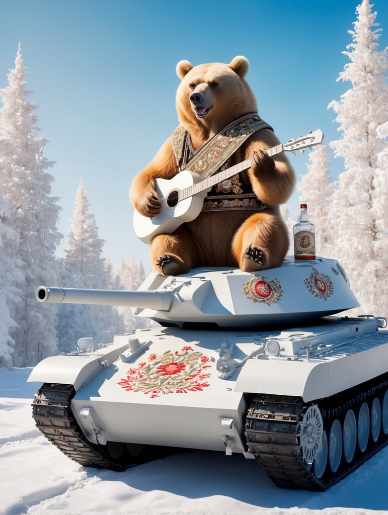 full body, (Russian winter, ((bear sitting on a battle tank with a balalaika)), a bottle of vodka, a bear in a national Russian costume, clothes in Russian folk style, embroidery on clothes,), ((glow)), hyper-detail, hyper-realism, sharp shot, action-packed background, (bokeh effect)