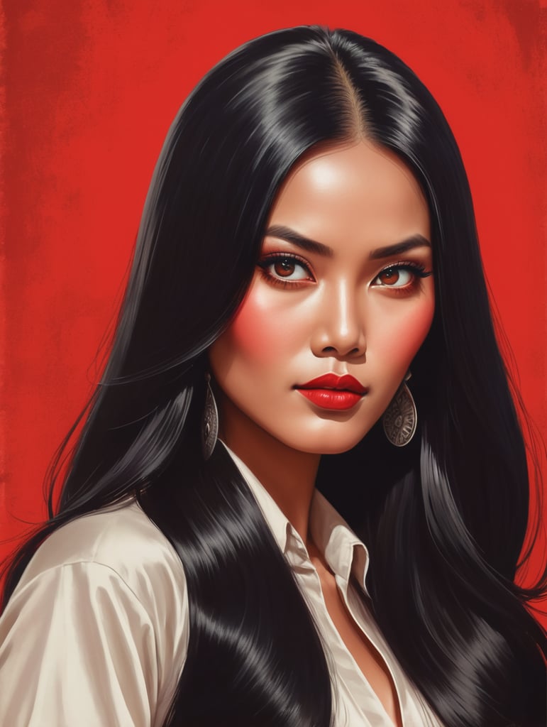 beautiful Indonesian woman with long black hair, red background eye-catching poster-style drawing and illustration representing the iconic pulp style.