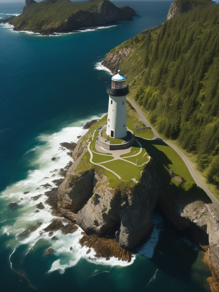 Drone photography, aerial view, Lighthouse island, Hyperdetailed, Beautiful landscape, Rocky cliffs, grass, Surreal, ocean, Coastal, Natural lighting, shadows, Chiaroscuro, waterfall, Hdr, 8k, wallpaper, Ivan Shishkin, Dustin Lefevre, intricate detail, Photorealistic