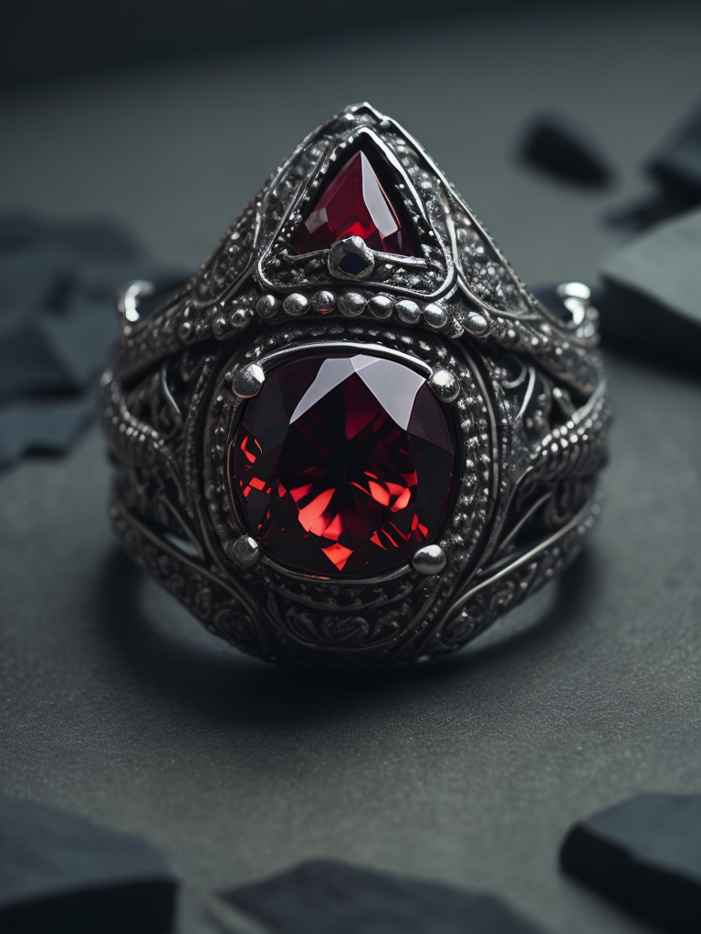 Royal silver ring with ruby, fantasy style, bright red background, rich colors, contrasting light, deep colors, high details
