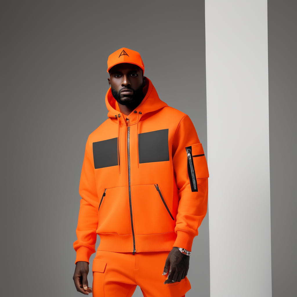 Díseno dije para hombre minimalista monocromático de acrílico naranja pequeño y sutil inspirado en el trabajo de Virgil Abloh. Colocados sobre un hombre