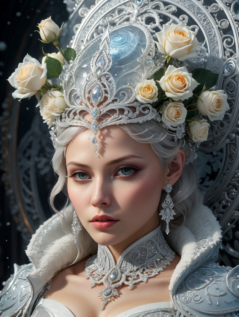 Absolute harmony, Piercing gaze at point-blank range, The Snow Queen, ((((rime)))), (((ornate pattern))), White roses covered with rime, magical, inspired by a fantastical world, crystallized product photography, soft light, volumetric lighting, ultra-detailed photography, grey background, Perfect anatomy. "hibli studio + super high resolution + UHD + HDR + highly detailed + FStop 2. 8 + 150mm lens + high fidelity + studio shot + award winning + ray tracing", epic royal background, big royal uncropped crown, royal jewelry, robotic, nature, full shot, symmetrical, Greg Rutkowski, Charlie Bowater, Beeple, Unreal 5, hyperrealistic, dynamic lighting, fantasy art