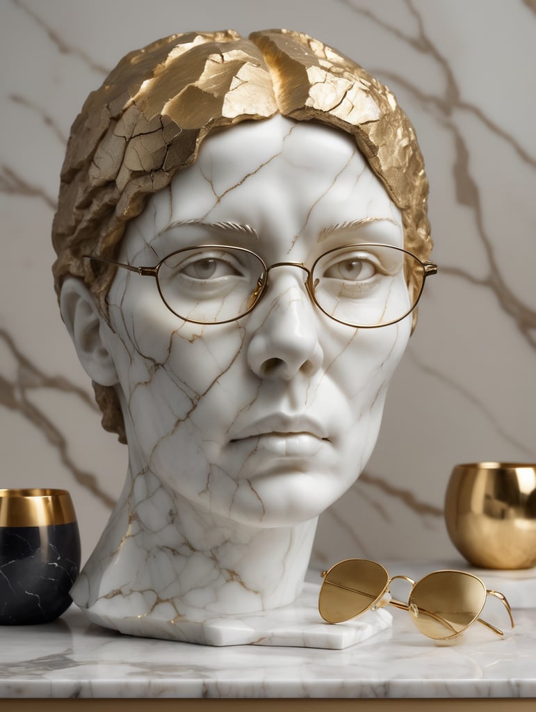 cracked marble sculpture of womans head with glasses, use face from uploaded photo, sculpture on the table, cracked white marble with gold and dark gold, studio lighting, professional photo, soft background, art classical reference