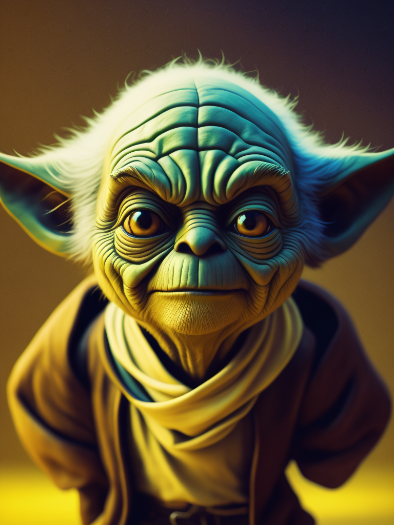 image of a Yoda in black metal corpse paint made of bright colored plastic material, like a toy, bright yellow background, brightly lit, bright and saturated colors, fun, highly detailed, fashion magazine, sharp focus, bright expressive makeup depth of field, incredibly high detailed