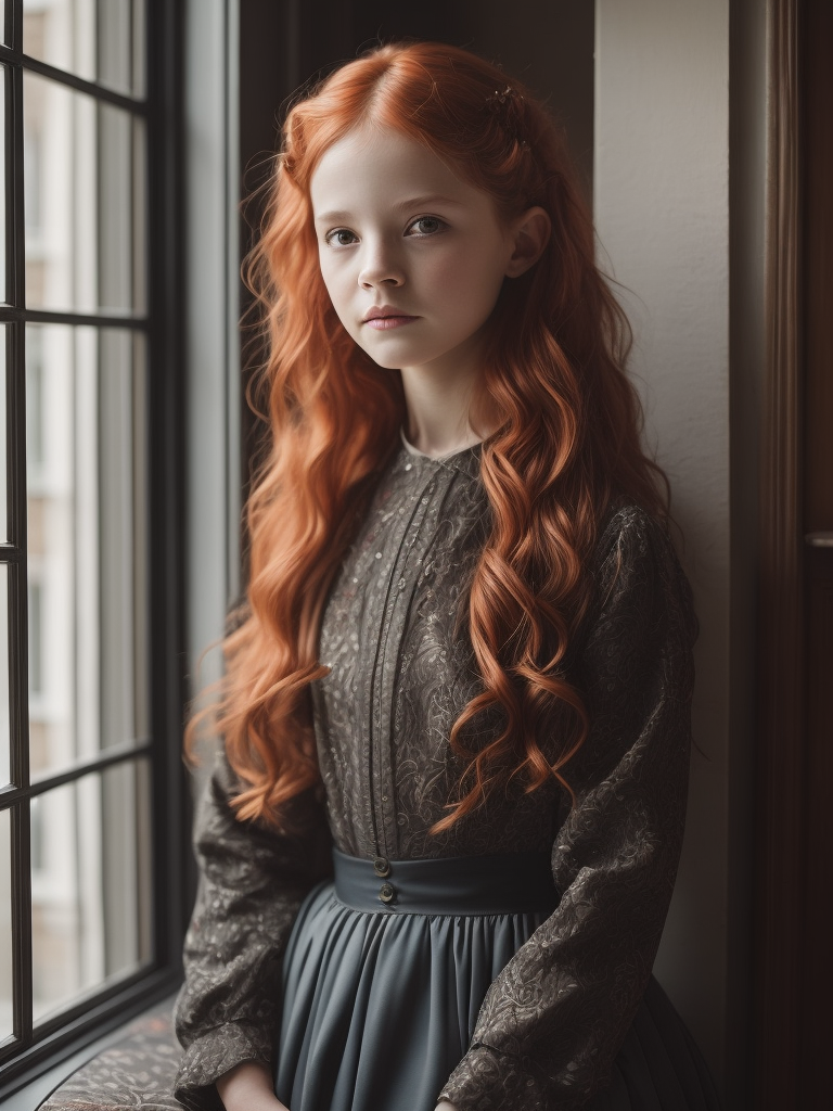 Portrait of a red-haired small girl in the blooming garden, white and pink roses, higher than the girl, pastel vintage dress, 15th century, painting, oil, Italy, style of Sandro Botticelli, illustration,