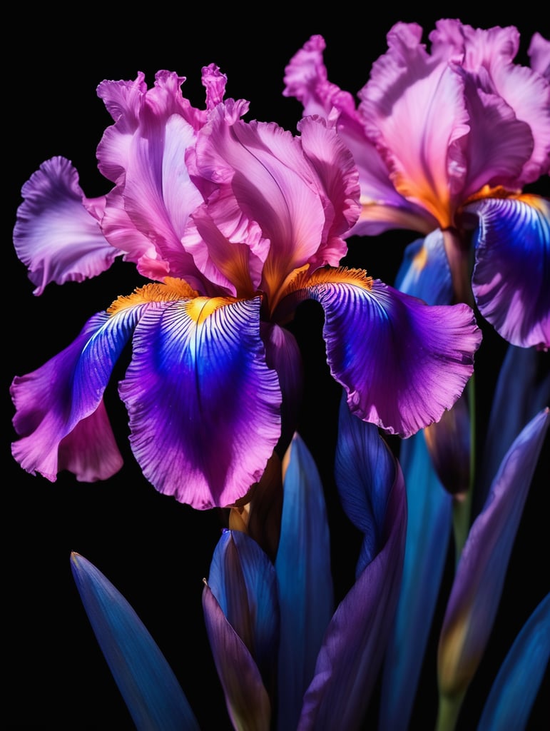 Photorealistic vibrant purple, pink and blue iris flower with a bioluminescent glow. Against a totally black background. Blur the lines between reality and fantasy.