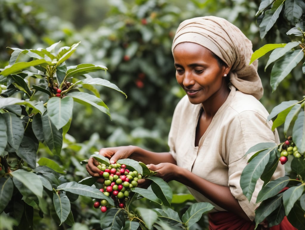 Create a typical ethiopian woman picking coffee from a coffee bush