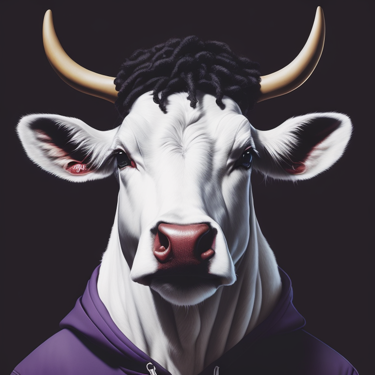 Hip Hop white cow,portrait, in violet hoodie, style of John James Audubon, Vector