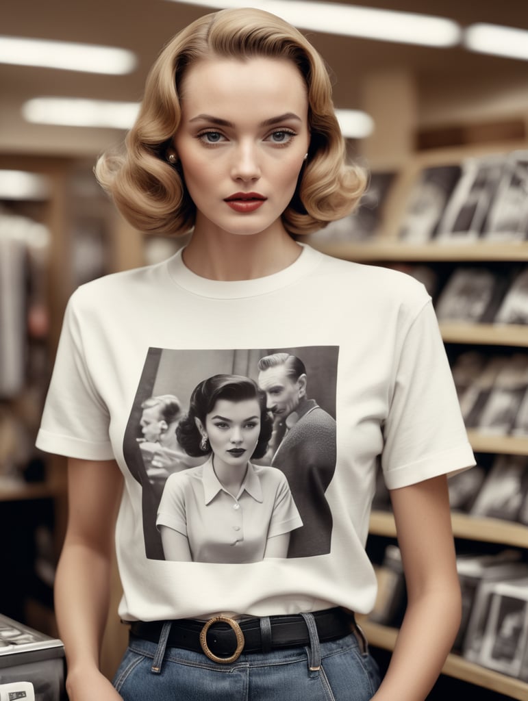 Extremely detailed photographic image, grained image, beautifully composed, monochrome image, 50's fashionable image, fashionable magazine photography, leica summicron 35mm f2.0, kodak 400tx, fashion photography, fashionable model, william s. burroughs, Woman wearing T-Shirt in Clothing Store Mockup