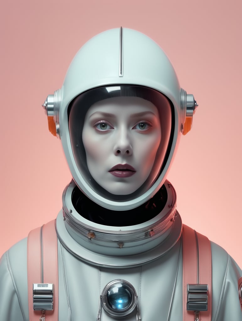 fashionable portrait of space rocket Scary ghost, frightening appearance, suffering, Soviet Union, pastel colors, Bauhaus forms, pale, vantablack, neon light, minimalistic design, futuristic, smooth forms, minimal details, givenchy, film still from Wes Anderson, photograph, vogue, photoreal, 200mm, HD, f 2.0, highly detailed, accurate, gray-tone