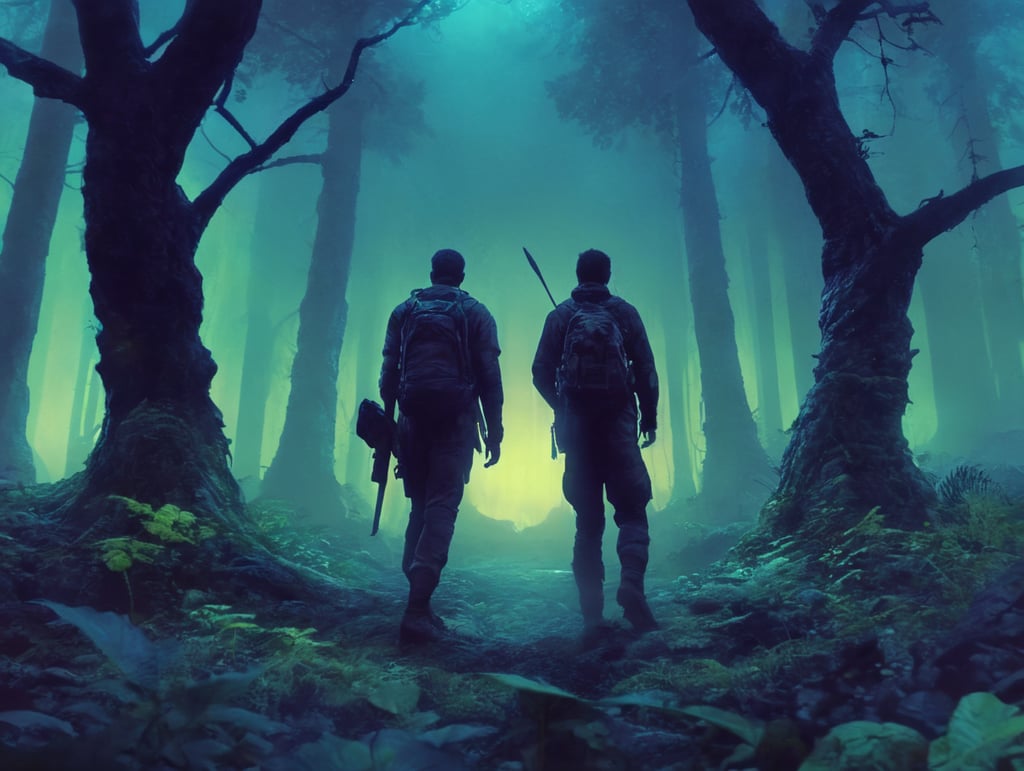 Using only the colors in the reference image, create a landscape of an eerie glowing forest with a human exploring