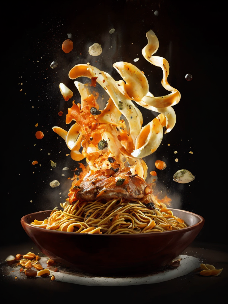 high quality cinematic food explosion, Italian pasta
