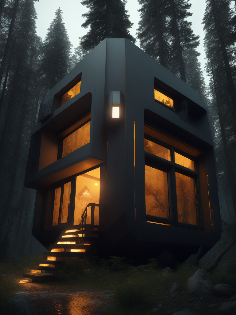 A photo of futuristic module one bedroom cubical house, deep atmosphere, in the forest, wilderness, wild nature