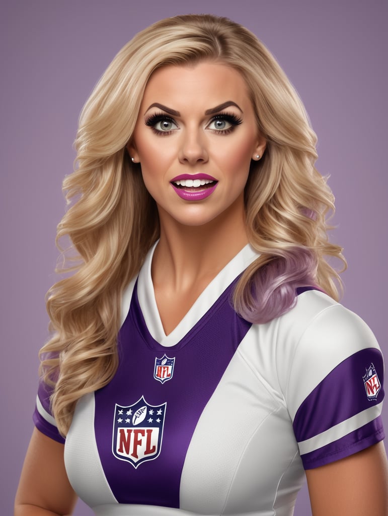Portrait of a nfl cheerleader looking slightly shocked. Half body. Light purple background. Realistic.