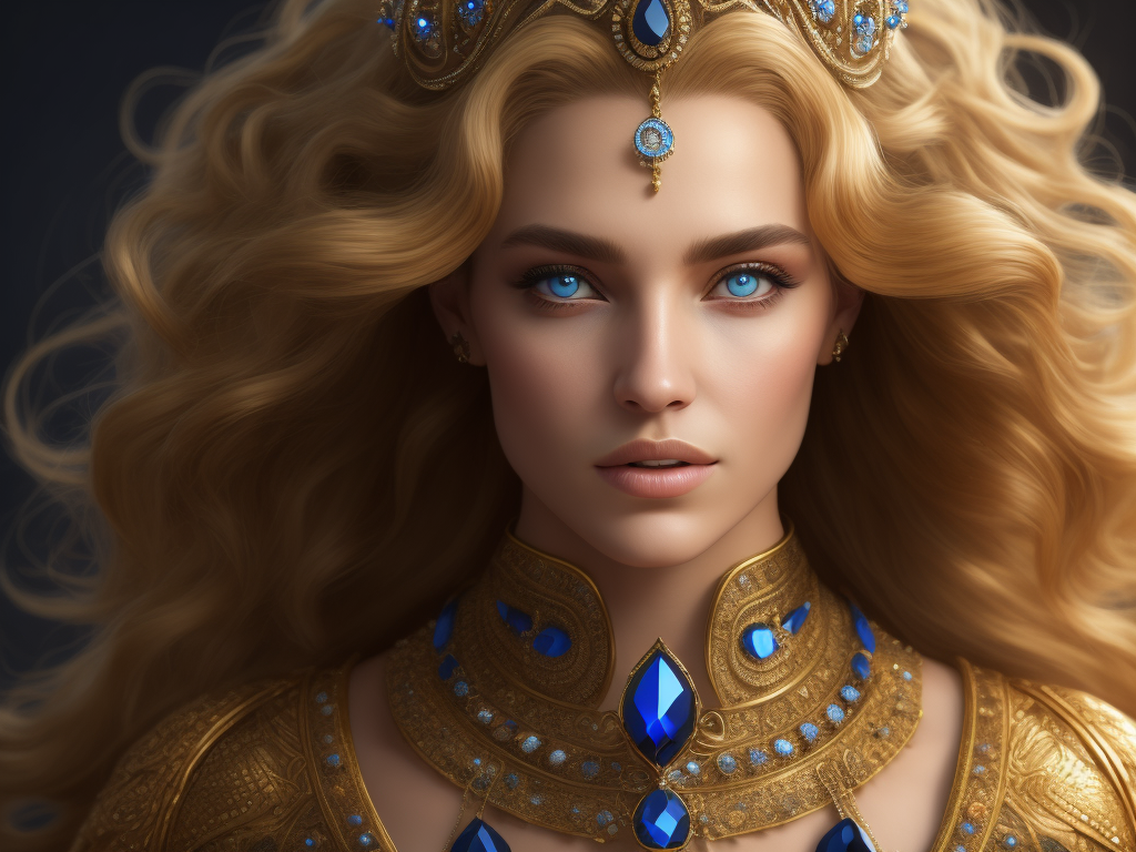 sultana, queen, blond golden wavy hair, blue eyes, Russian girl, lots of jewelry. gold.